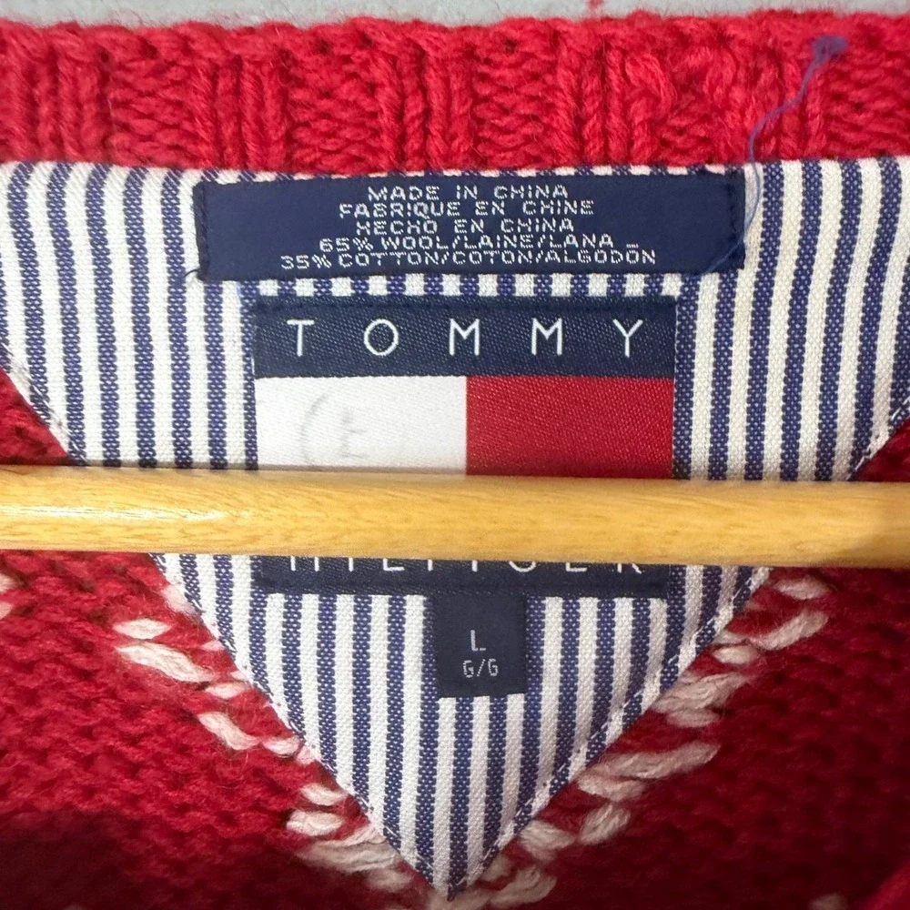 Tommy‎ Hilfiger Mens Red Wool Blend Fair Isle Snowflake Sweater Large Vintage